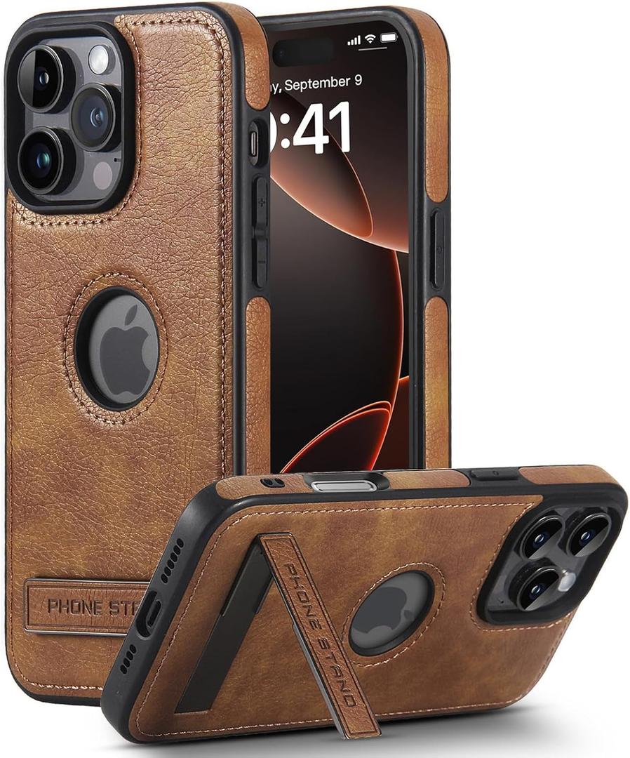 Leather Case for iPhone 16 Pro Case, Protective Slim with Kickstand Shockproof Phone Cases, Built-in Invisible Stand Compatible with iPhone 16 Pro 6.3'' (Brown, for iPhone 16 Pro)
