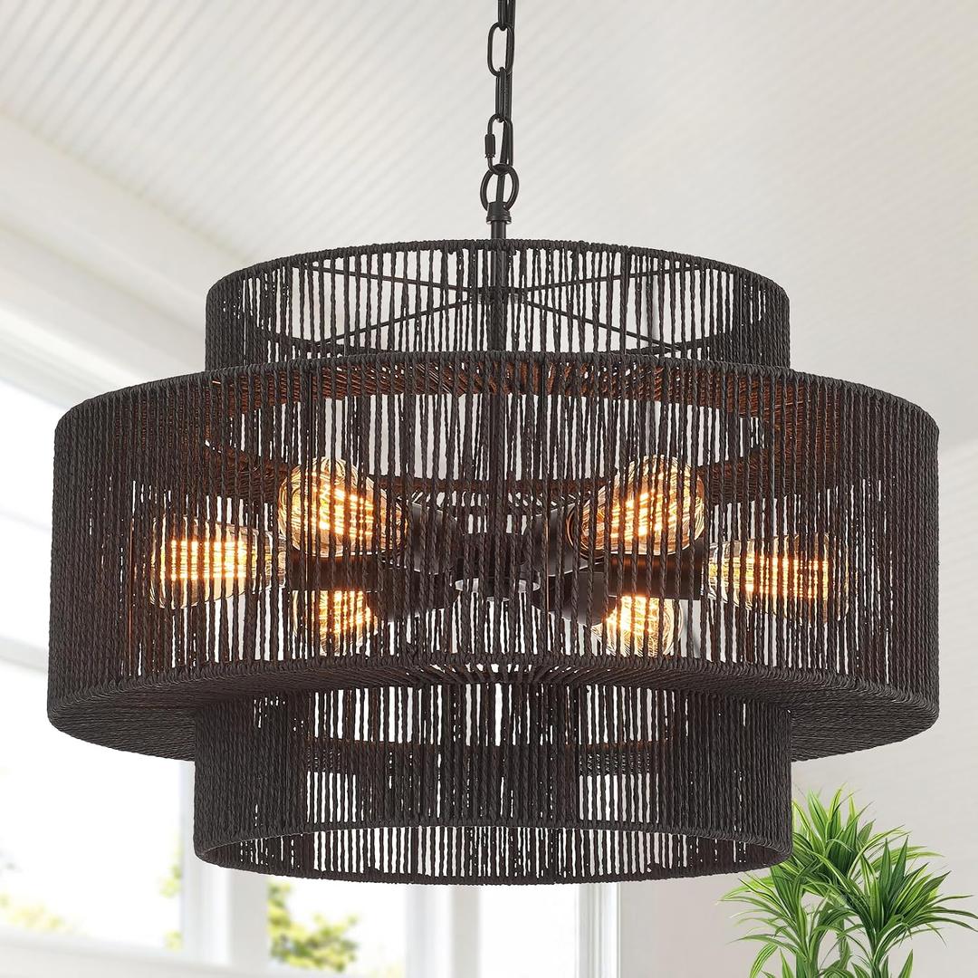 23.6" Large Black Rattan Chandelier Light Fixture 6-Light Hand-Woven Rustic Chandeliers 3-Tier Boho Drum Wicker Chandelier for Dining Room, Kitchen Island, Bedroom, Foyer