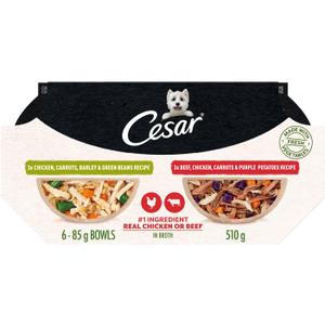 Cesar Wholesome Bowls Adult Wet Dog Food, Chicken, Carrots, Barley & Green Beans Recipe and Beef, Chicken, Purple Potatoes & Carrots Recipe Variety Pack, Wet Food for Dogs, 3 oz., 6 Count (EXP 08/12/27)