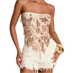 MakeMeChic Women's Sparkly Sequin Tops Backless Fringe Party Beach Strapless Tube Tops