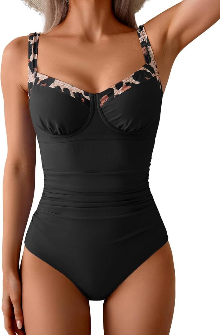 B2prity Women's One Piece Swimsuits Tummy Control Bathing Suits Push Up Swim Suit Color Block Swimwear (Black, L)