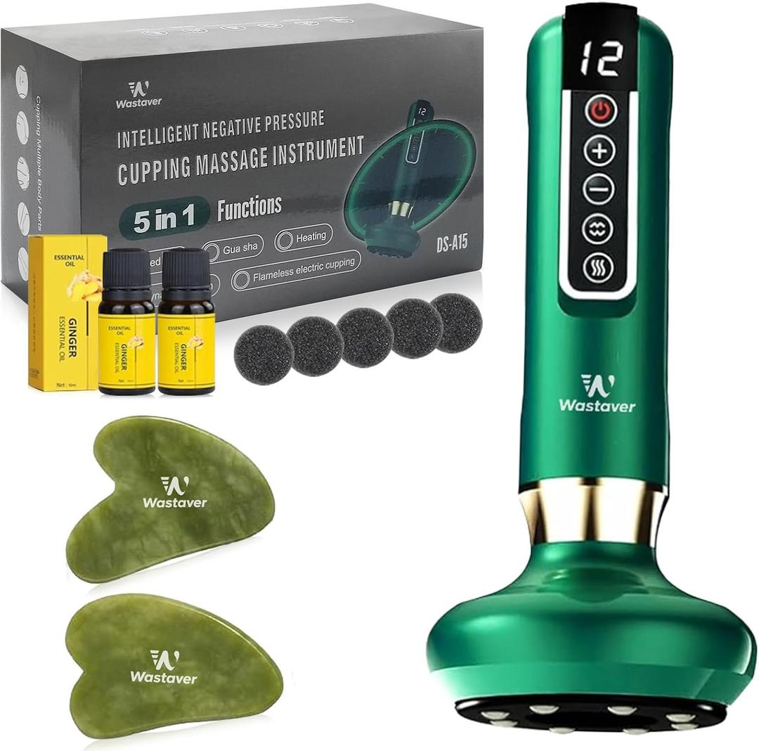 5 in1 Cellulite Massage Tool,Cellulite Massager Electric Fat Remover with 12 Suction Modes,Rechargeable & Cordless,Intelligent Cupping Massager for Arms,Legs,Back Used at Home (Green)