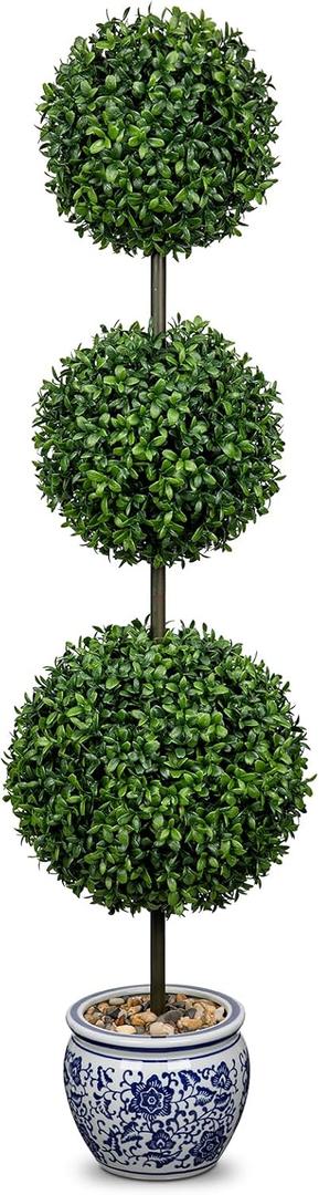 3FT Topiary Trees Artificial Outdoor Trees for Porch UV Resistant Potted Shrubs Boxwood Topiary with Blue and White Porcelain,Artificial Plants Indoor-Fake Topiary For Outdoors, Home,Garden Decor
