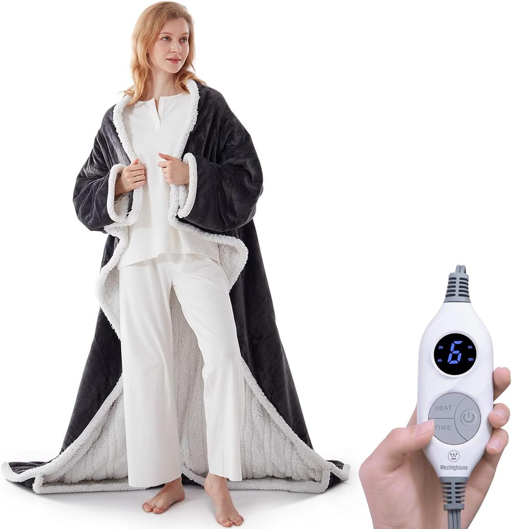 Westinghouse Electric Snuggle Throw Blankets with Foot Pocket, Wearable Heated Blanket with Sleeves, 6 Heating Levels & 2 to 10 Hours Heating Time Settings, 50 * 70"+18", Grey