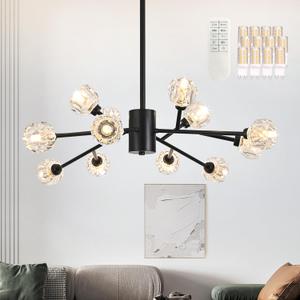 35.5" Black Sputnik Chandeliers 12 Lights Mid Century Modern Crystal Pendant Light Contemporary Branches Chandeliers Crystal Sputnik Light Fixture for Dining Room (Dimmable Bulb & Remote Incl.)