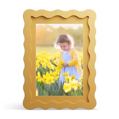THKRLOF 5x7 Picture Frame with Mat for 4x6, Wavy Edge Wooden Real Glass Photo Frame for Tabletop and Wall Hanging, Yellow, 1 Pack