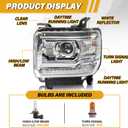 Headlight Assembly with LED DRL Compatible with GMC Sierra 2014-2018 1500 | 2015-2019 2500HD/3500HD Base/Denali/SLE/SLT, Headlamp Replacement with LED DRL, with Bulbs, Chrome Housing White Reflector