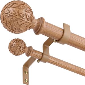 Wood Double Curtain Rod 36-153 Inch, Boho Decorative Extra Long Dual Curtain Rods for Windows, 1" Adjustable Heavy Duty Double Rod, Unique Handmade Imitation Wood Grain Leaf Finials Design
