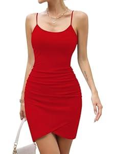 Missufe Women's Sleeveless Spaghetti Strap Ruched Bodycon Sundress Summer Casual Mini Cami Dress (X-Large,Red)