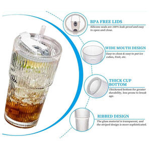SevvyNaut 20 oz Glass Tumbler with Lid and Straw, 1  Pack Clear Ribbed Iced Coffee Cup, High Borosilicate Glass Tumbler, Reusable Vintage Glassware for Iced Coffee, Smoothies, Cocktails, and Juices
