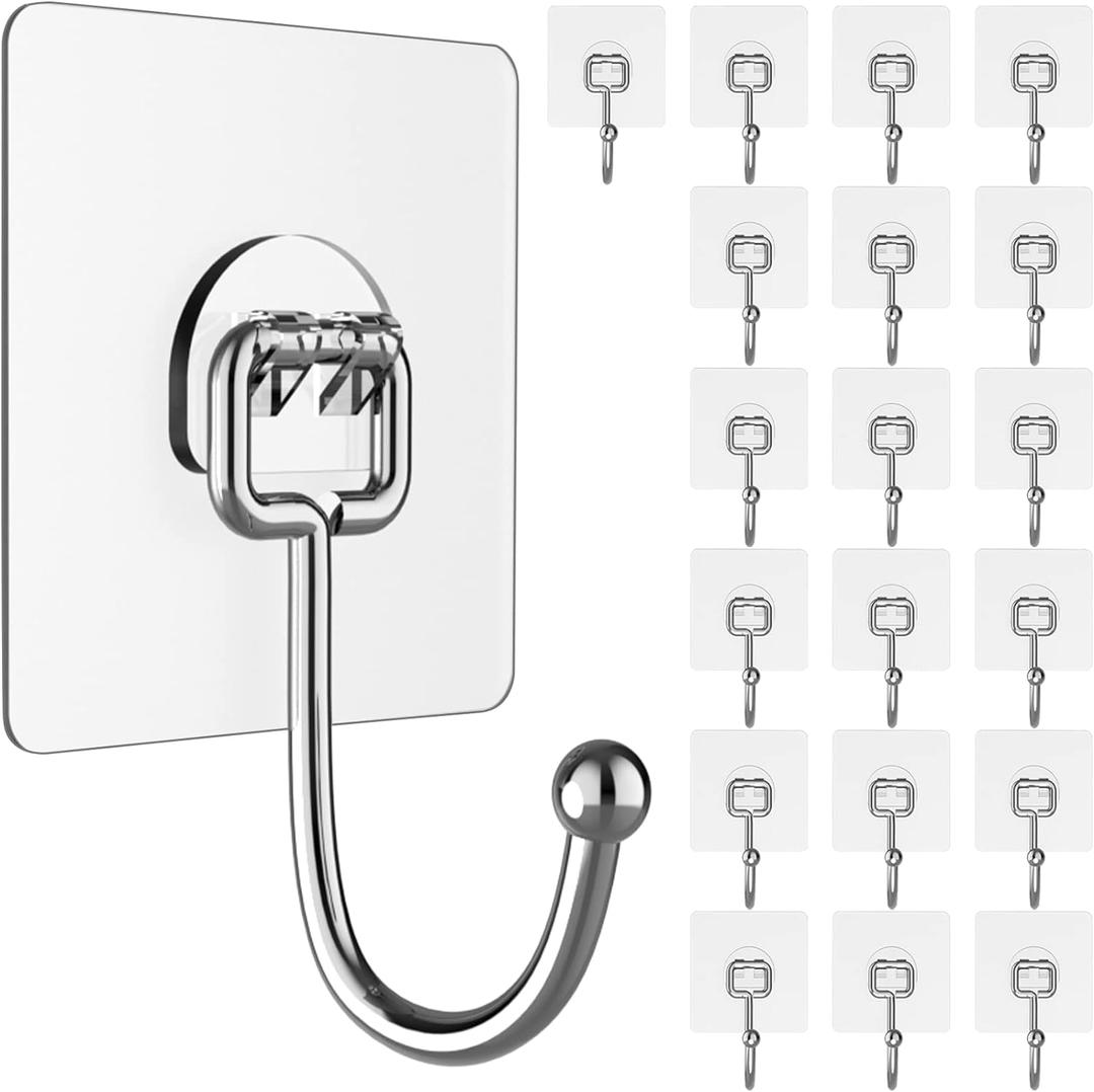 Large Adhesive Hooks for Hanging Heavy-Duty 44Ib(Max) 20 Packs, Wall Hangers without Nails Self-Adhesive Traceless Clear and Removable, Waterproof and Rustproof Multiple Uses for Bathroom Kitchen Home