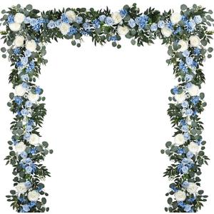 Lvydec 2 Pack Artificial Peony Flower Garland - 6ft Silk Peony Vine Willow Leaves and Eucalyptus Garland White Arch Flower Vine for Wedding Party Table Decoration (Blue)