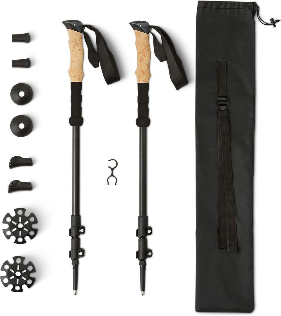 Amazon Basics Trekking Poles, Lightweight Collapsible Hiking Sticks with Quick Lock, EVA Grip & All-Terrain Accessories, Adjustable Aluminum, Black, 53in, Diameter 18mm