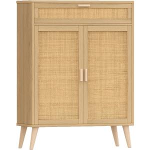 Rovaurx Rattan Floor Storage Cabinet with 2 Doors, Bathroom Cabinet with Large Drawer, Freestanding Storage Cabinet Organizer, Natural BMGZ107M