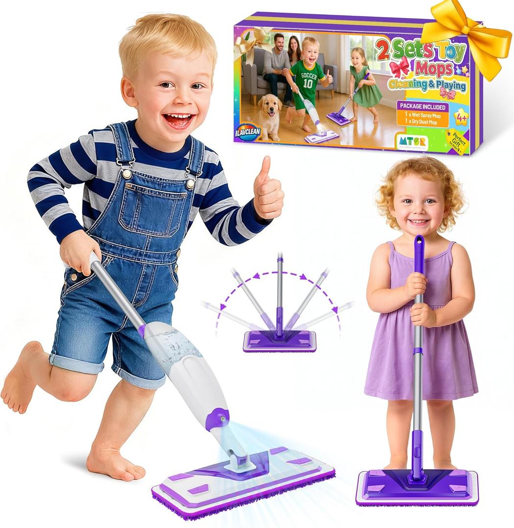 2 Set Toy Mop for Kids - Toddler Real Spray Mop and Flat Floor Mop Montessori Cleaning Toy Set, Educational and Fun Gifts for Boys and Girls Ages 4+