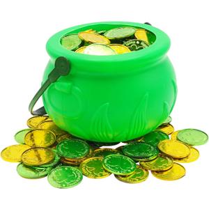 4E's Novelty 5 Inch St Patricks Day Pot of Gold Decorations with 100 Lucky Coins - Green Pot of Gold Cauldron Plastic Bucket for Leprechaun Decorations, Green & Gold Coins Plastic