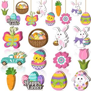 Qunclay 24 Pcs Spring Easter Wooden Ornaments Flower Bunny Egg Hanging Sign for Tree Easter Wooden Decorations with Strings Hanging Ornaments for Party Home Classroom Decor(Bunny Egg Flower)