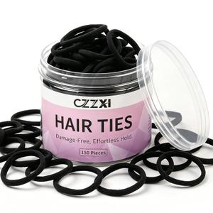 2 x CZZXI 150Ct Hair Ties No Damage for Fine Hair (1.58in), Seamless Elastic Ponytails Holders, Bulk Soft Nylon Hair Ties for Women, Teens & Girls | Hair Accessories (Black)