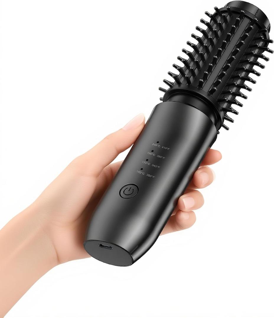Cordless Curling Iron Brush, 1.5 Inch Mini Travel Hair Curler with 200 Million Negative Ions, Portable Heated Round Straightener Brush Rechargeable for Curl, Touch-Up, De-Frizz, Styling, Black