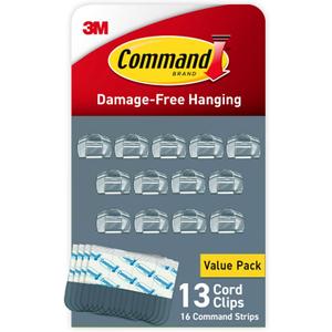 Command Round Cord Clips, Damage-Free Hanging Cable Clips, No Tools Wall Clips for Hanging Electrical Cables of Christmas Decorations, 13 Clear Cord Clips and 16 Command Strips