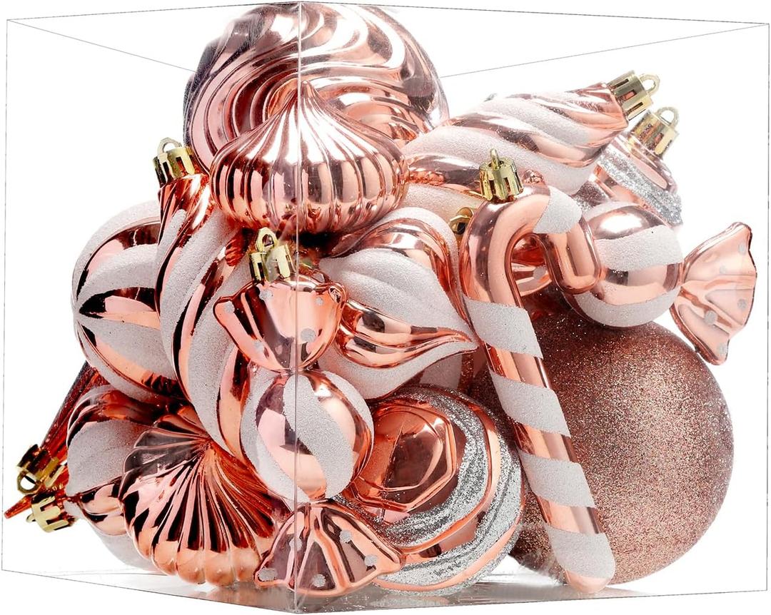 Christmas Ball Ornaments Set Shatterproof Christmas Tree Ornaments 24 PCS Painted Shaped Styles Xmas Tree for Holiday Decor,Rose Gold