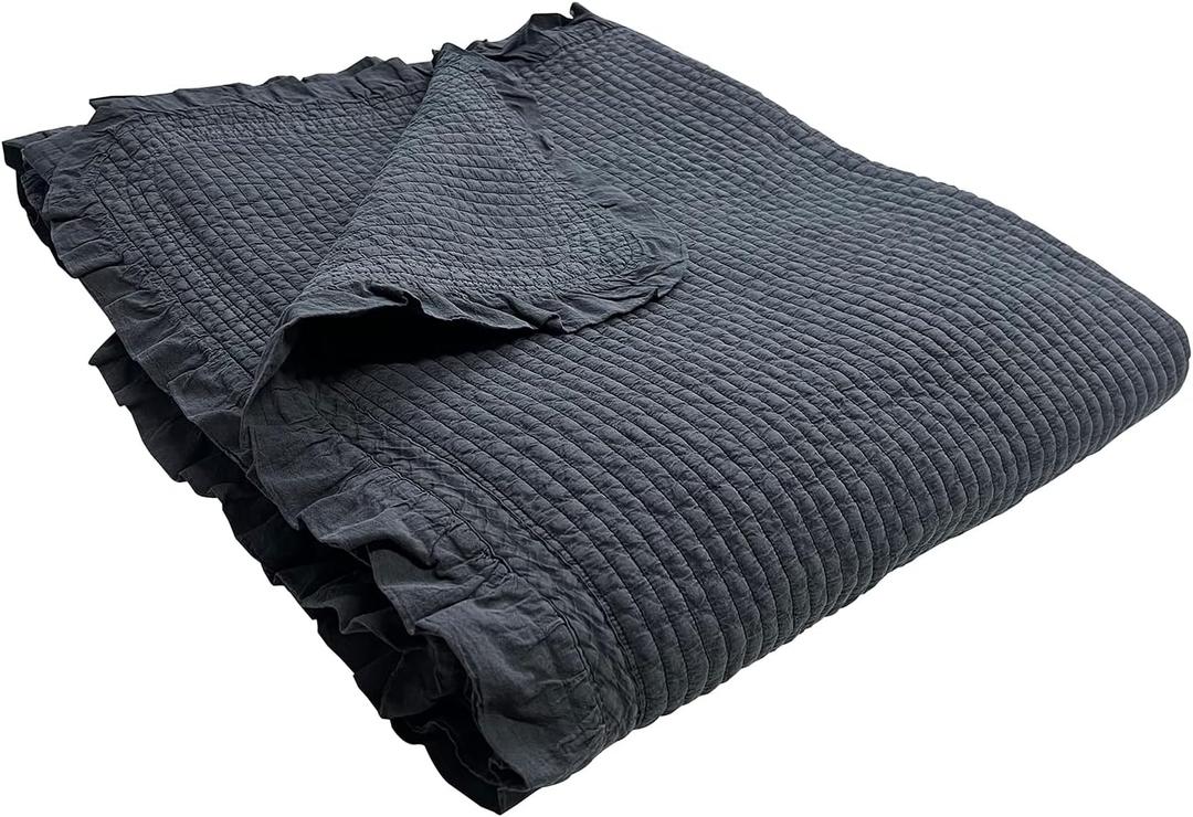 100% Cotton Frilled Bed Coverlet, Blanket Full/Double Size 79 x91' - Pigment Washed Soft & Breathable Quilted Blanket for All Seasons (Charcoal)