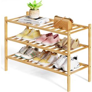 Kitsure Bamboo Wooden Shoe Rack for Closet - Stackable Shoe Organizer with Modular Structure, Space-Saving Shoe Shelf for Entryway, Living Room, Bedroom, 26.8" x 11" x 18.9", Natural (26.8"wide - 3 Tiers, Nature)