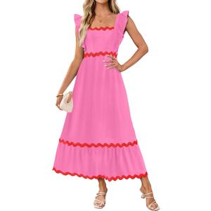 ZESICA Women's Summer Sleeveless Ruffle Dresses Square Neck Backless Boho Flowy Maxi Sundress with Pockets (Large)