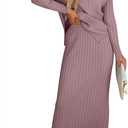 ANRABESS Women's 2 Piece Outfits Sweater Skirt Sets Casual Long Sleeve V Neck Ribbed Knit Tops Midi Dress 2025 Fall Fashion Light Purple Small (S)
