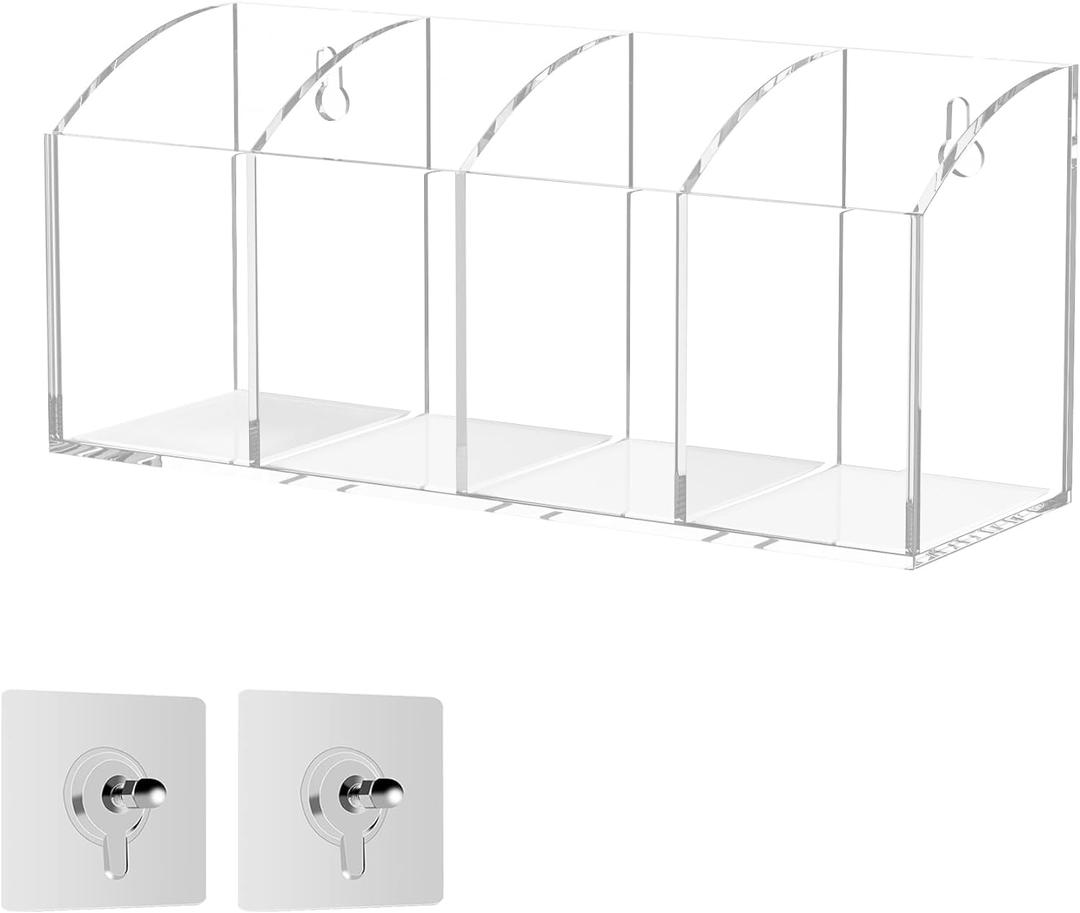 Acrylic Pen Holder Organizer 4 Compartments, Clear Makeup Brush Holder, No Drill Wall Mounting Pencil Holder for Office Accessories