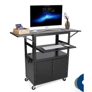 GARVEE 46'' x 19'' Height Adjustable Rolling AV Cart with Locking Cabinet, Laptop Stand, Drop Leaves, Mobile Utility Workstation for Office and Classroom, Extra Storage Space and Power Strip, Black