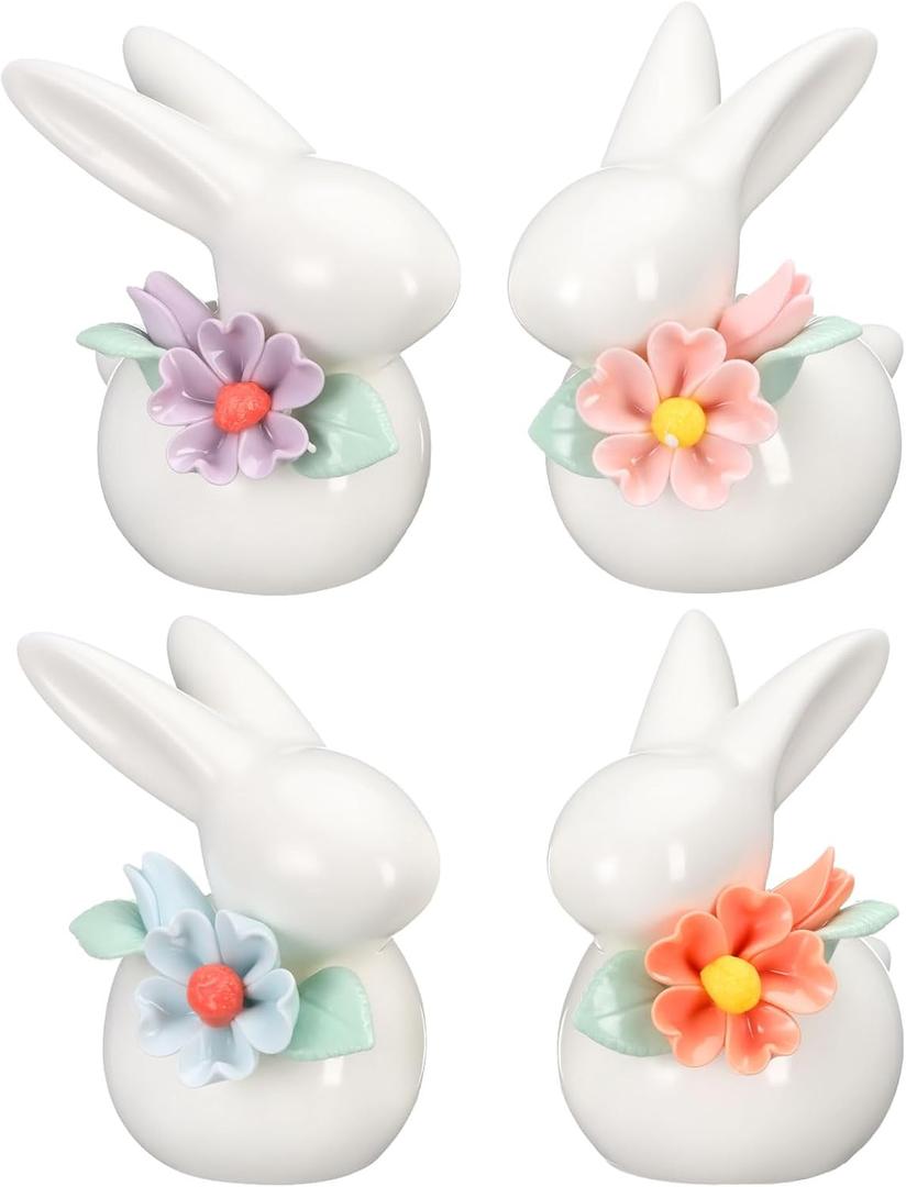 Amyhill 4 Pcs Bunny Figurine Decorations Mini Ceramic Rabbit Figurines Cute Porcelain Bunny Decor Spring Rabbit Ornament with Flowers for Summer Tabletop Centerpiece Office Room Home Decor