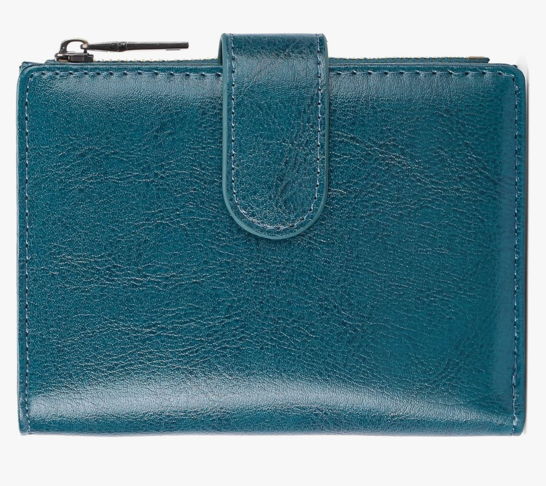 GAEKEAO Small Wallets for Women Leather RFID Blocking Bifold Zipper Pocket Wallet Card Case Purse with ID Window, Type 1 Wax Peacock Blue, 8819-KQL