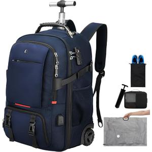 Backpack with wheels,rolling backpack with 2 Packing Cubes and compression bags,Laptop Compartment,Water Resistant Luggage suitcase,Air Travel,Weekend Trips (Blue), Large