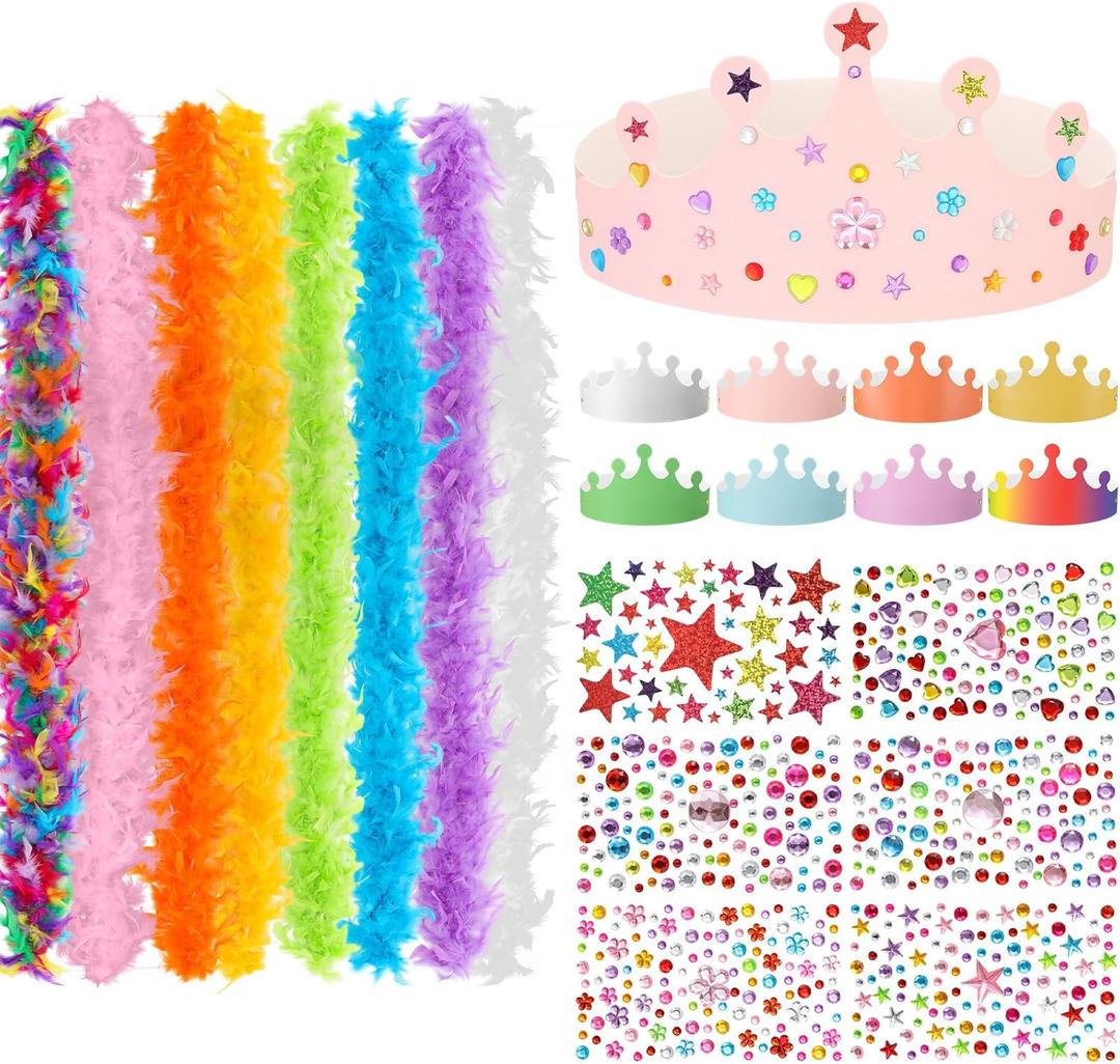 6.6ft Feather Boas & 8 Paper Crowns with Sticker Dress up Party Kit for Birthday Wedding Halloween Costume Decor (Rainbow)