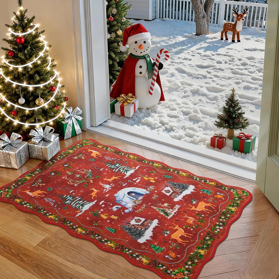 RUGVIGO Indoor Christmas Rugs for Kitchen Bathroom, Scalloped 2x3 Washable Holiday Area Rug for Entrance Bedroom, Soft Non-Slip Small Cute Door Mat, Winter Throw Carpet for Bedside, Red