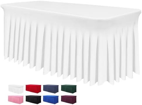 BDDC Table Skirt for 4 Foot Tables - One-Piece White Tablecloths and Skirt, Wrinkle Resistant Ruffles Elastic Cover for Banquets, Weddings, Events, Parties
