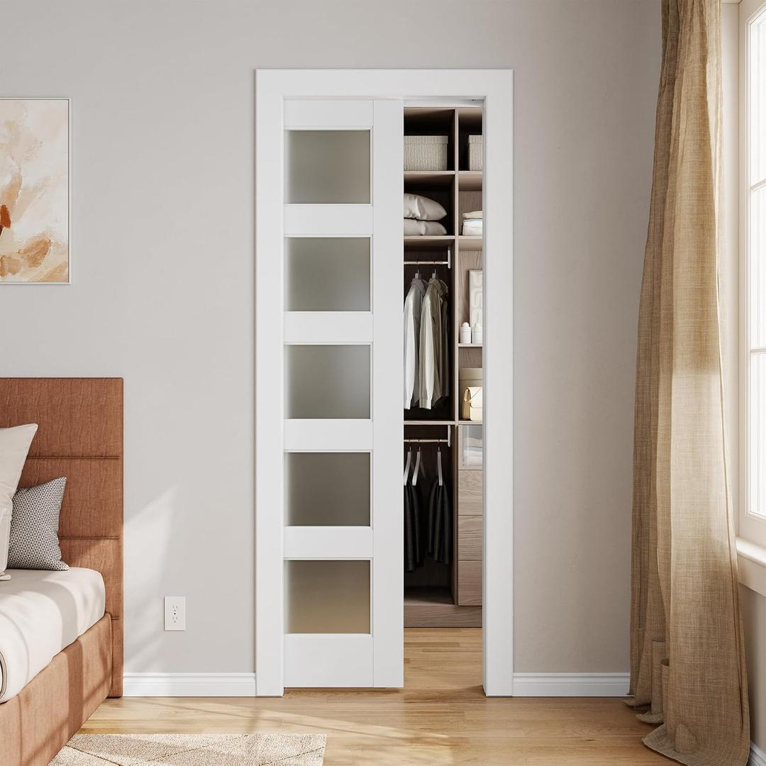 Sliding Pocket Door 24" x 80", 5-Panel Frosted Glass Panel with Soft Close Pocket Door Frame Kit, Interior & Closet Pre-Assembled Door Slab, White Primed