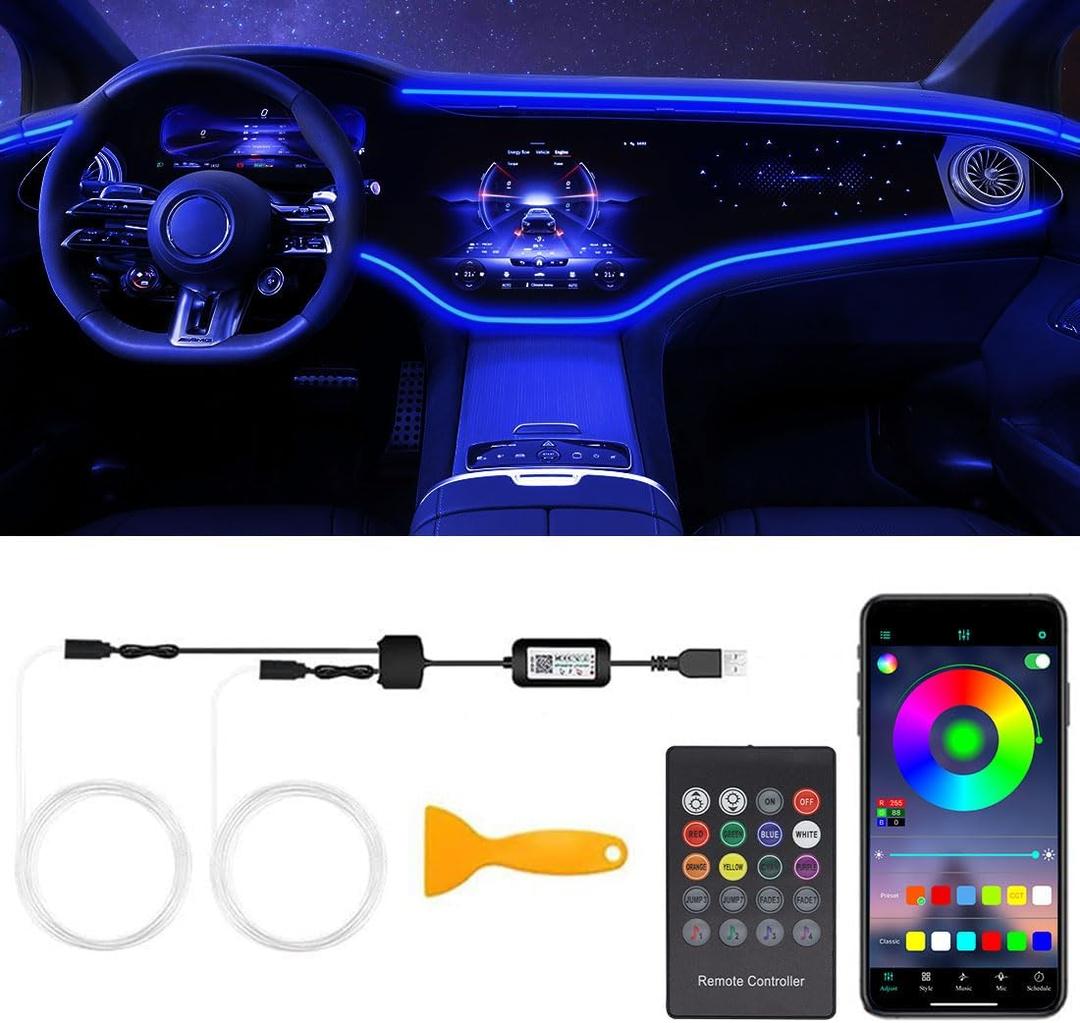 Interior Car LED Strip Lights with Wireless APP & Remote Control, RGB 2 in 1 Car Ambient Lighting Kit with 158 Inches Fiber Optic, Inside Neon Dash Strip with Music Mode