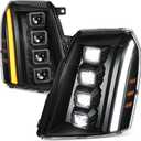 Auto Dynasty Sequential LED DRL Switchback Quad Square Projector Headlights Assembly Compatible with Cadillac Escalade 2007-2014, Driver and Passenger Side, Black Housing Amber Corner