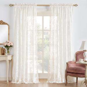 PONY DANCE Floral Butterfly Lace Sheer Curtains 84 Inch Length for Bedroom, Elegant Semi Gauze Drapes with Sheer Overlay for Living Room/Girls Room/Kids Room/Nursery, 2 Panels, 55 Wide, Light Beige