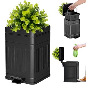 Outdoor Dog Poop Trash Can Outside, Small Plant-Styled Bathroom Trash Can with Lid, Farmhouse Retro Metal Garbage Can for Office, Dog Waste Container with Pedal, Soft Close, 5L/1.3 Gal, Black