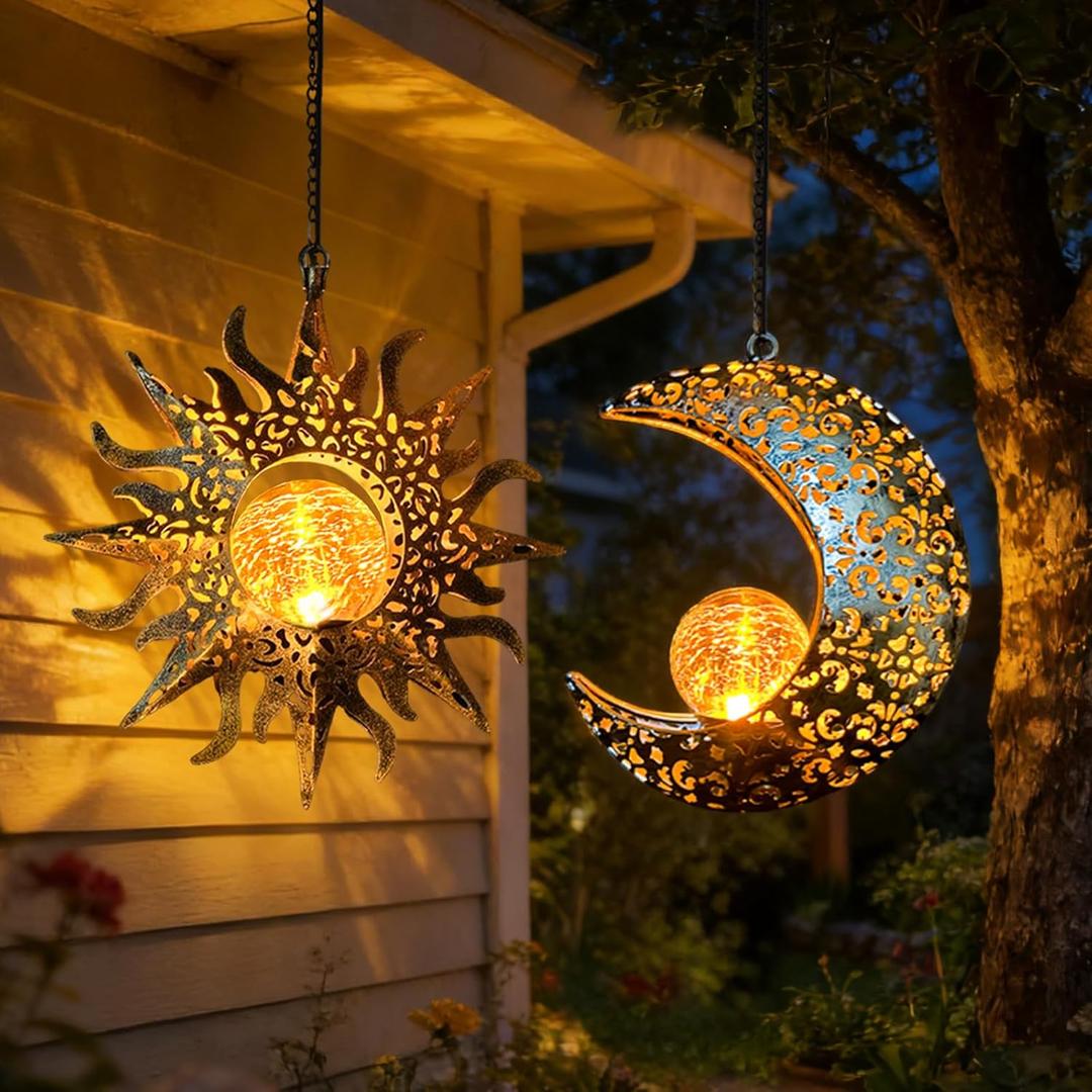 Solar Hanging Sun and Moon Lights Garden Outside Decor,2 Pack Metal Lanterns Outdoor Sunflower Art Decorations for Porch Backyard Patio Wall Tree,Unique Gardening Gifts for Women Mom Grandma