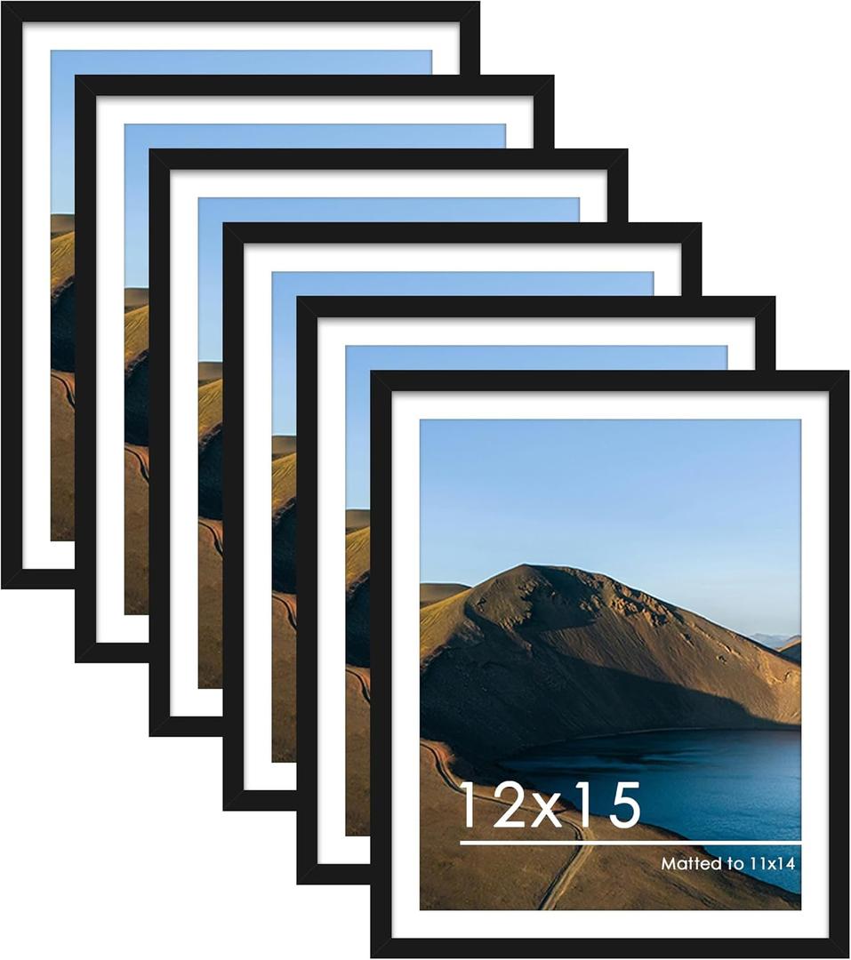 PEALSN 12x15 Picture Frames Set of 6, Display Pictures 11x14 with Mat or 12x15 without Mat for Wall Mounting, Photo Frames Collage for Wall Decor, Black.