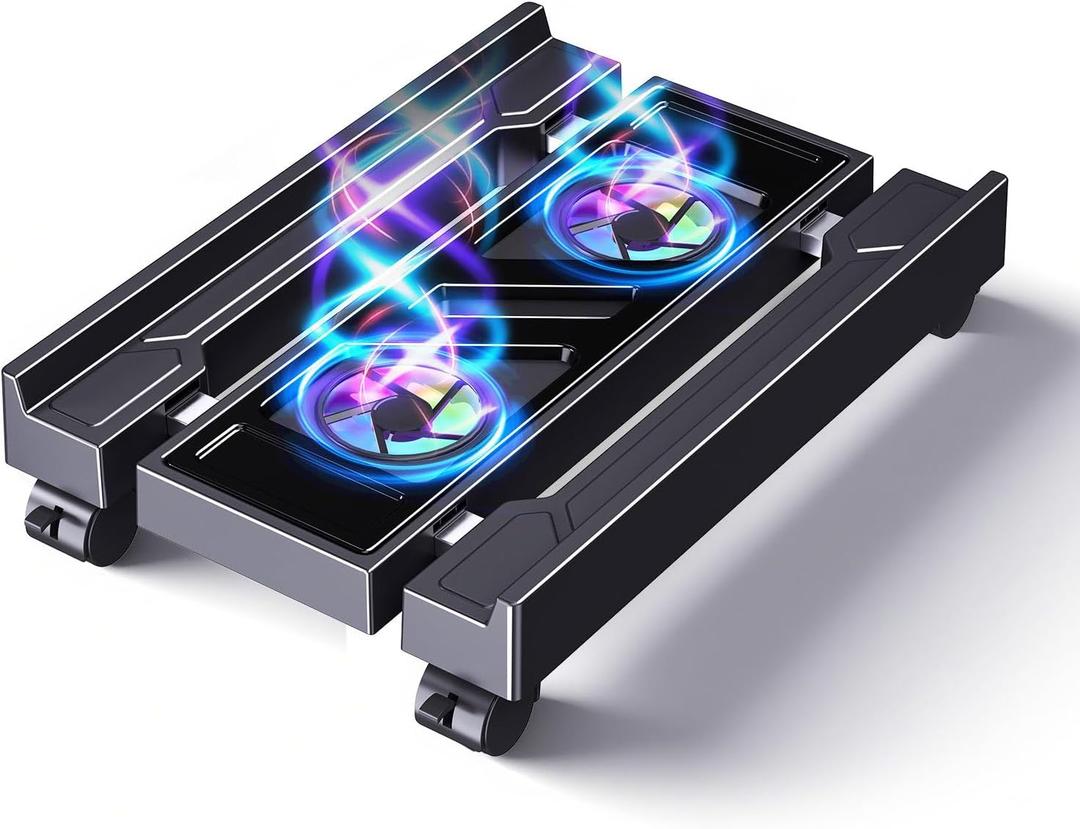 Adjustable Computer Tower Stand with Cooler Fan and Light, PC Stand for Floor, Mobile CPU Holder with 4 Caster Wheels Fits Most PC Tower, Under Desk CPU Holder for Office,Gamers and Students