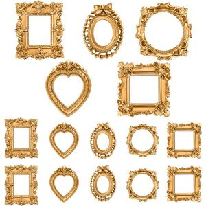 Vicenpal 16 Pcs Vintage Mini Picture Frames Baroque Antique Small Resin Jewelry Display Table Frame for Christmas DIY Photo Holiday Party Decoration (Gold)
