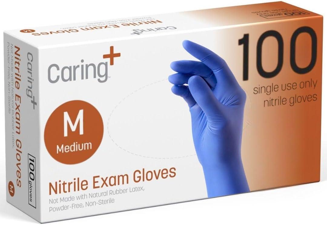 Caring Nitrile Exam Gloves, Blue, Powder-Free, Disposable Gloves for Medical Care, First Aid, Cleaning, Food Prep (Medium (Pack of 100))