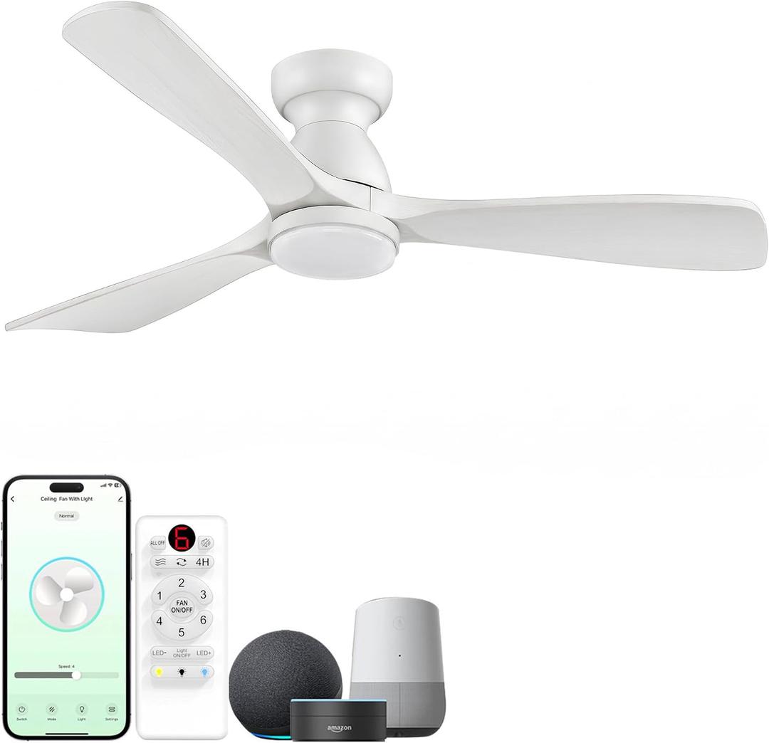 60 inch Smart White Flush Mount Ceiling Fans with Lights,Outdoor Low Profile Ceiling Fan Quiet DC Motor,Work with Alexa/Gg Voice Control/App/Remote,Dimmable,6-speed,3 Wood blades Fan for Patio,Porch