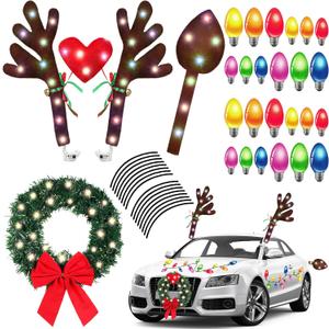 Cunno 6 Pack Christmas Reindeer Antlers Car Kit with LED Lights Christmas Car Decorations Light up Xmas Wreath Reflective Refrigerator Magnets Decals Auto Exterior Accessories