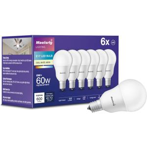 Maelsrlg E17 Intermediate Base LED Bulb, 6W (60 Watt Equivalent) G14 Globe Ceiling Fan Light Bulbs, Cool White 4000K, 600 Lumens, Non-Dimmable, Pack of 6